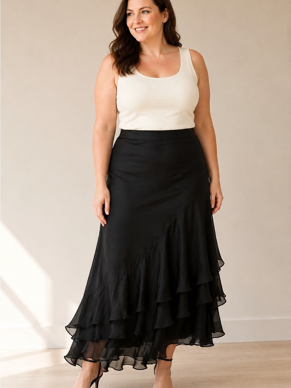 Vintage Ann Taylor Black Silk Tiered Ruffle Asymmetrical Maxi Skirt Size 14 Y2K